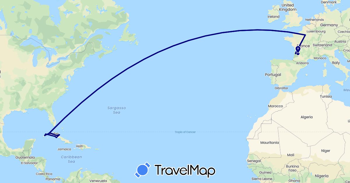 TravelMap itinerary: driving in Cuba, France (Europe, North America)